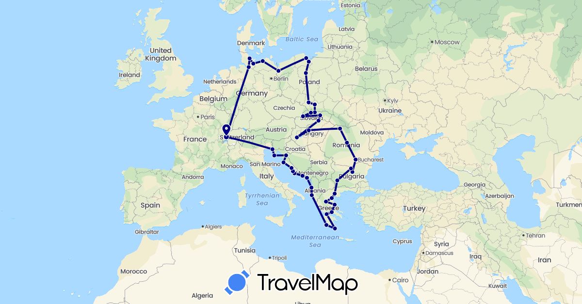 TravelMap itinerary: driving in Albania, Bulgaria, Switzerland, Germany, Greece, Croatia, Hungary, Montenegro, Poland, Romania, Slovenia, Slovakia (Europe)